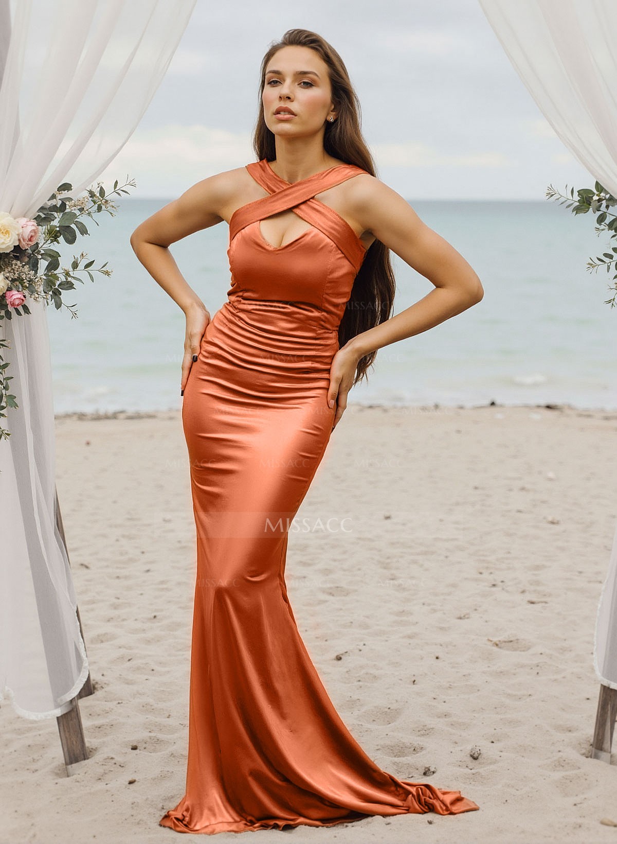 Trumpet/Mermaid Halter Sleeveless Silk Like Satin Bridesmaid Dresses