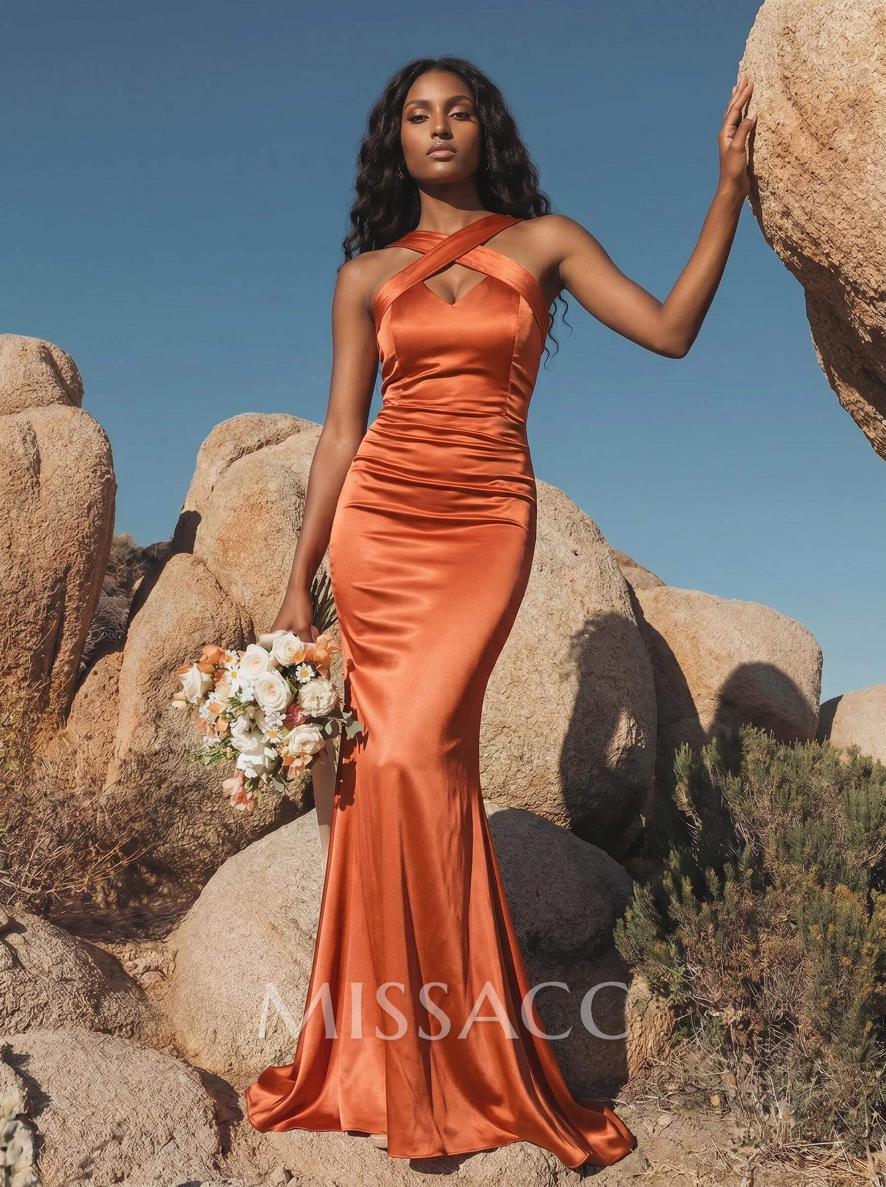 Trumpet/Mermaid Halter Sleeveless Silk Like Satin Bridesmaid Dresses