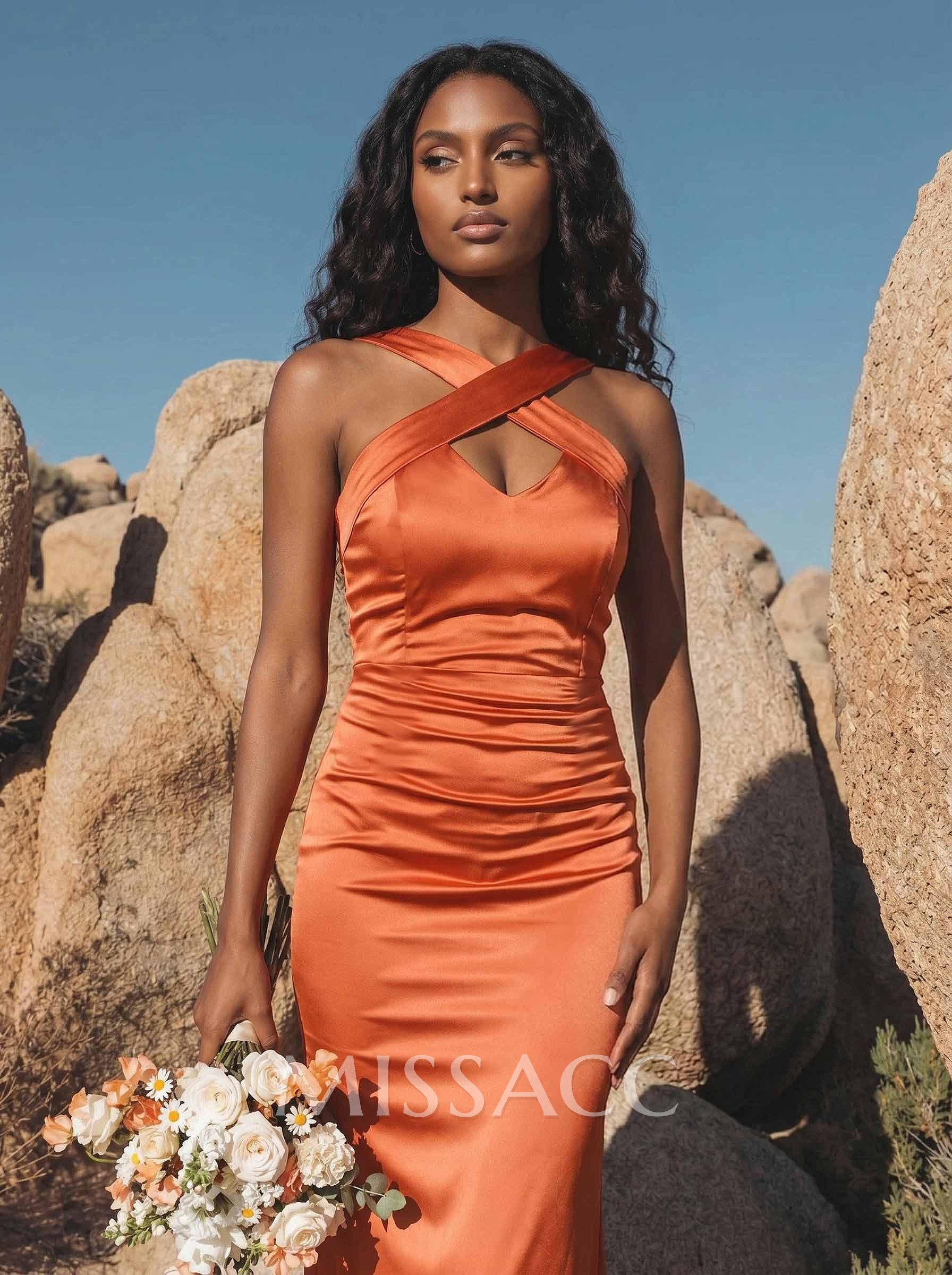Trumpet/Mermaid Halter Sleeveless Silk Like Satin Bridesmaid Dresses