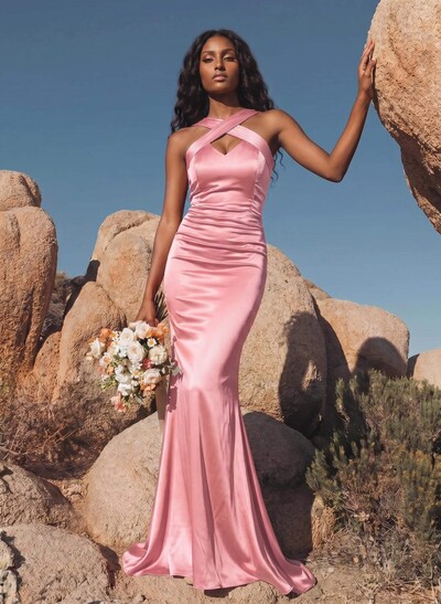 Trumpet/Mermaid Halter Sleeveless Silk Like Satin Bridesmaid Dresses