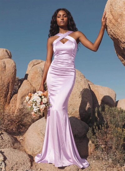 Trumpet/Mermaid Halter Sleeveless Silk-Like Satin Bridesmaid Dresses