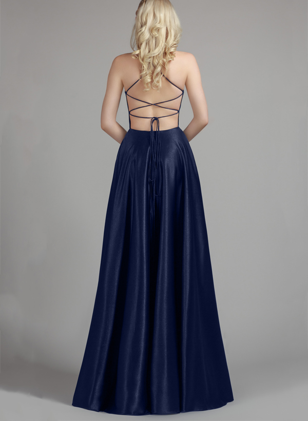A-Line V-Neck Sleeveless Satin Bridesmaid Dresses With Split Front/Pockets