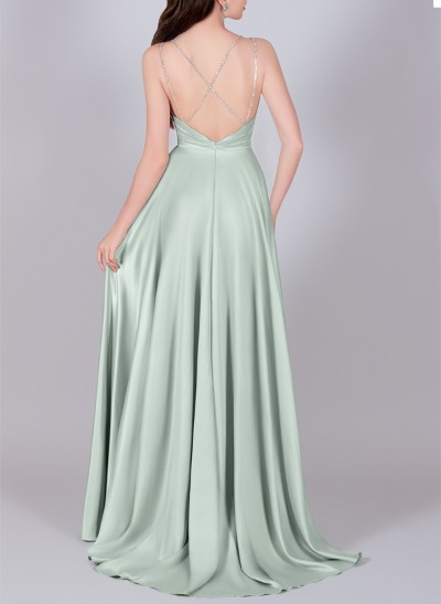 A-Line Cowl Neck Sleeveless Silk Like Satin Bridesmaid Dresses With High Split