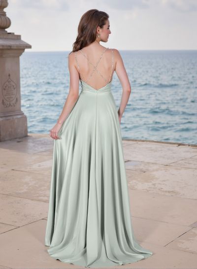 A-Line Cowl Neck Sleeveless Silk Like Satin Bridesmaid Dresses With High Split