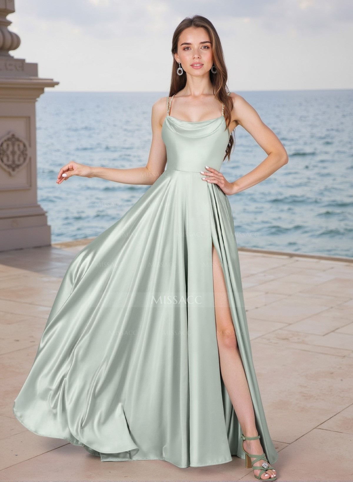 A-Line Cowl Neck Sleeveless Silk Like Satin Bridesmaid Dresses With High Split