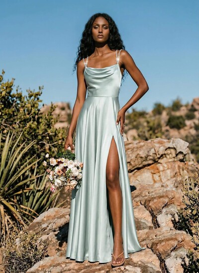 A-Line Cowl Neck Sleeveless Silk Like Satin Bridesmaid Dresses With High Split