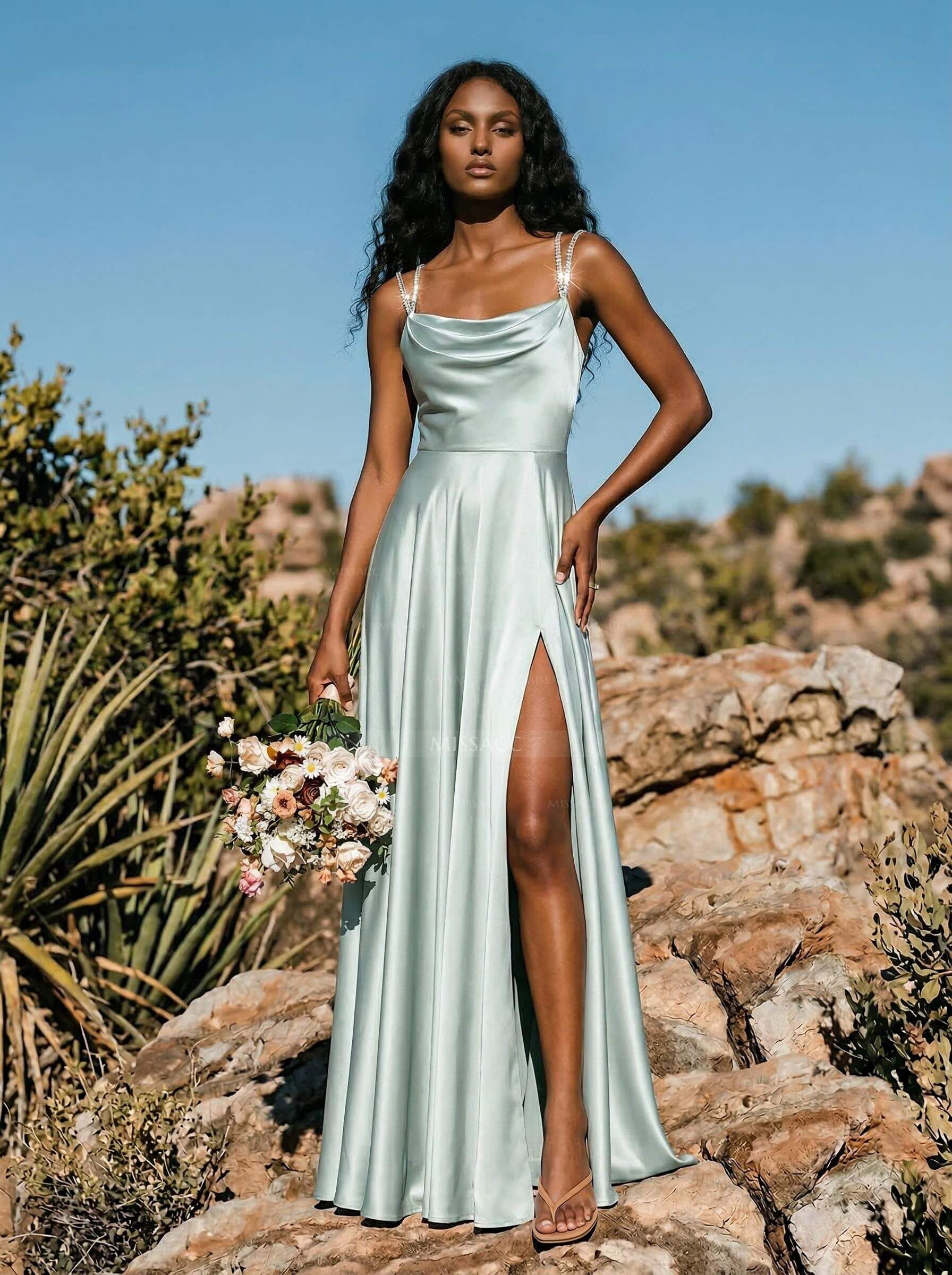 A-Line Cowl Neck Sleeveless Silk Like Satin Bridesmaid Dresses With High Split