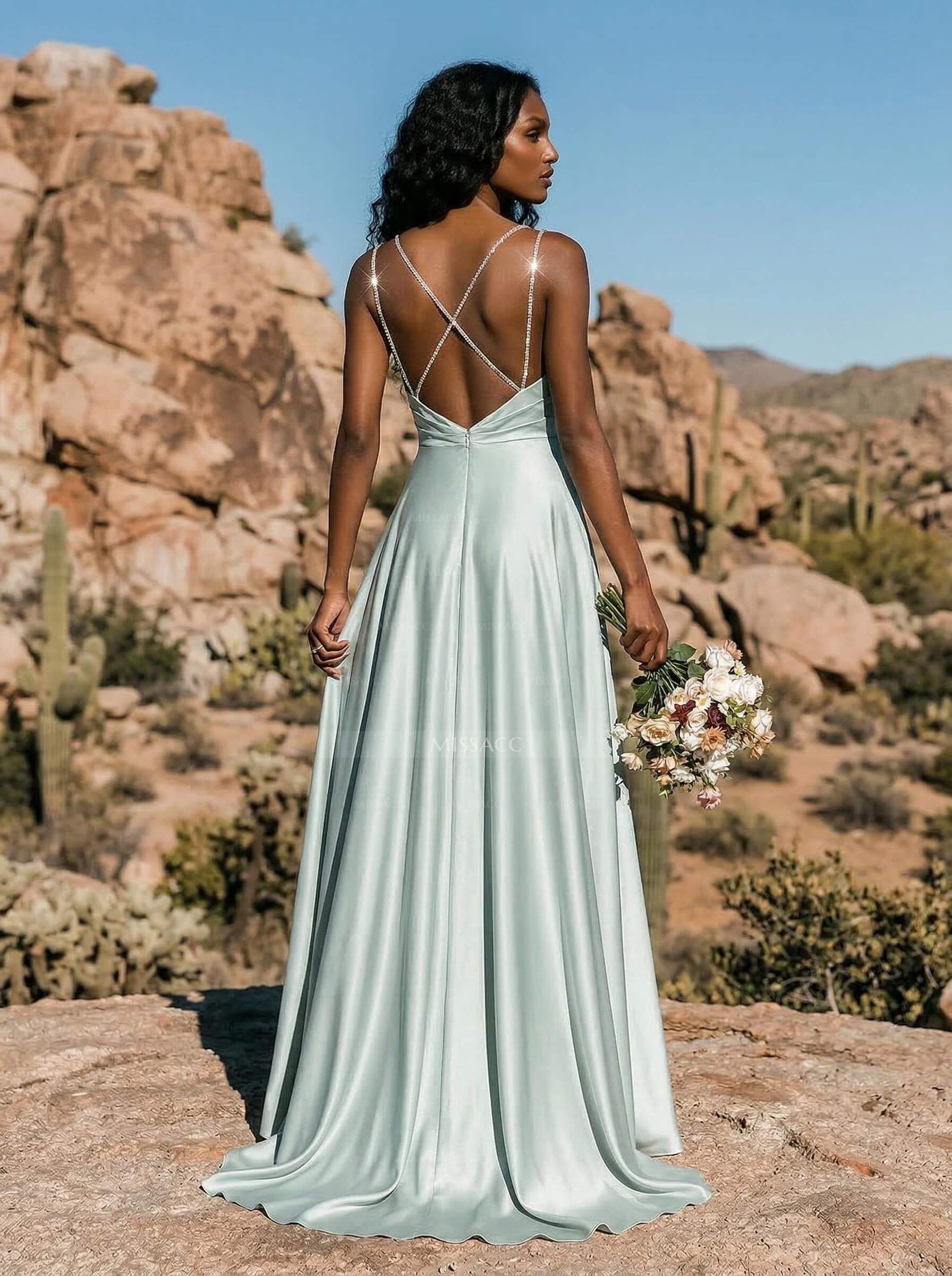 A-Line Cowl Neck Sleeveless Silk Like Satin Bridesmaid Dresses With High Split