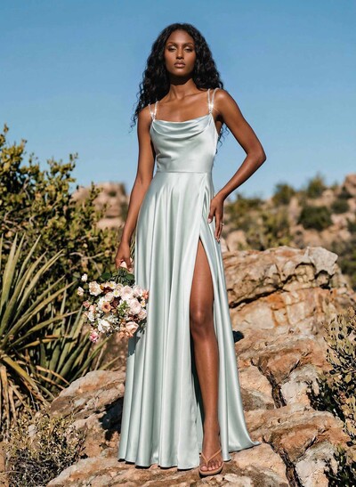 A-Line Cowl Neck Sleeveless Silk Like Satin Bridesmaid Dresses With High Split