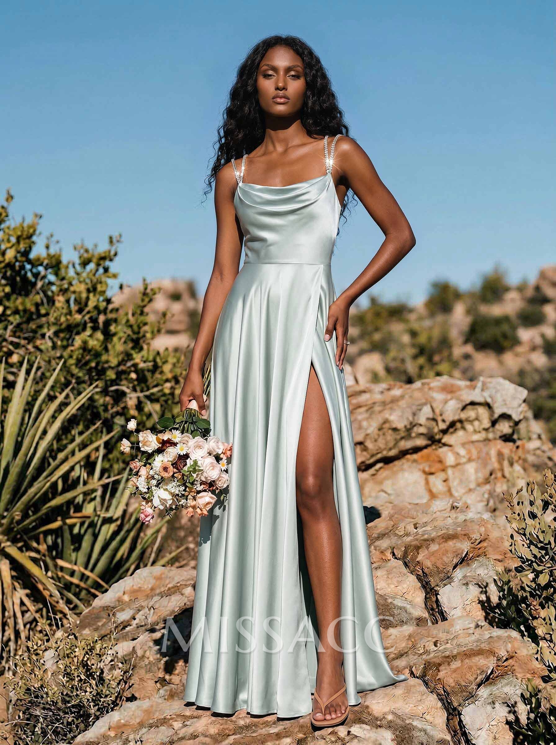 A-Line Cowl Neck Sleeveless Silk Like Satin Bridesmaid Dresses With High Split A-Line Cowl Neck Sleeveless Silk Like Satin Bridesmaid Dresses With High Split