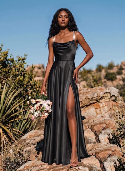 A-Line Cowl Neck Sleeveless Silk Like Satin Bridesmaid Dresses With High Split