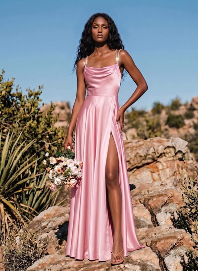 A-Line Cowl Neck Sleeveless Silk Like Satin Bridesmaid Dresses With High Split