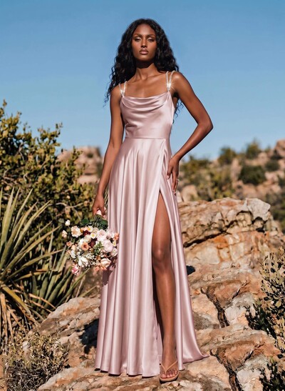 A-Line Cowl Neck Sleeveless Silk Like Satin Bridesmaid Dresses With High Split
