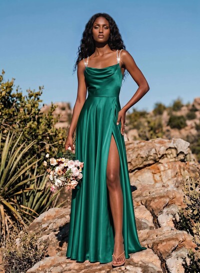 A-Line Cowl Neck Sleeveless Silk Like Satin Bridesmaid Dresses With High Split