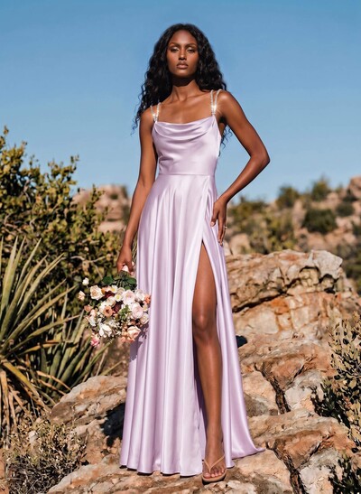 A-Line Cowl Neck Sleeveless Silky Satin Bridesmaid Dresses With High Slit