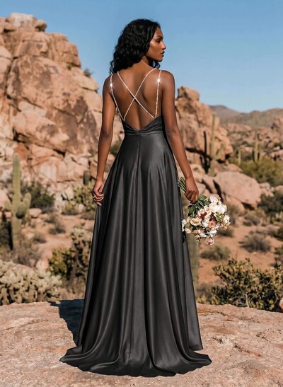 A-Line Cowl Neck Sleeveless Silk Like Satin Bridesmaid Dresses With High Split