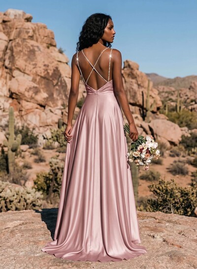 A-Line Cowl Neck Sleeveless Silk Like Satin Bridesmaid Dresses With High Split