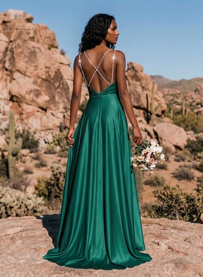 A-Line Cowl Neck Sleeveless Silk Like Satin Bridesmaid Dresses With High Split