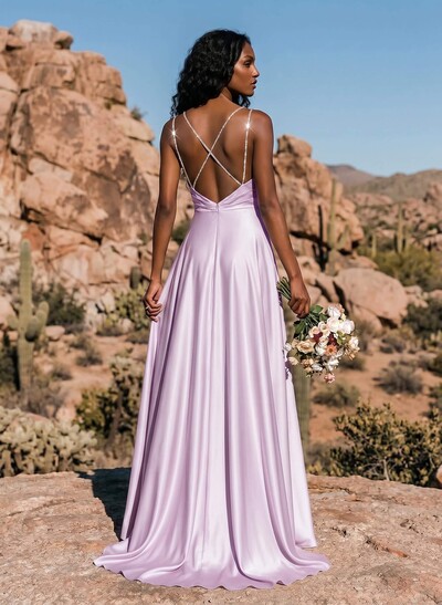 A-Line Cowl Neck Sleeveless Silky Satin Bridesmaid Dresses With High Slit