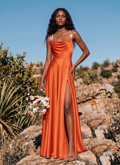 A-Line Cowl Neck Sleeveless Silk Like Satin Bridesmaid Dresses With High Split