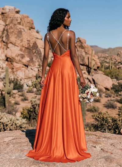 A-Line Cowl Neck Sleeveless Silk Like Satin Bridesmaid Dresses With High Split