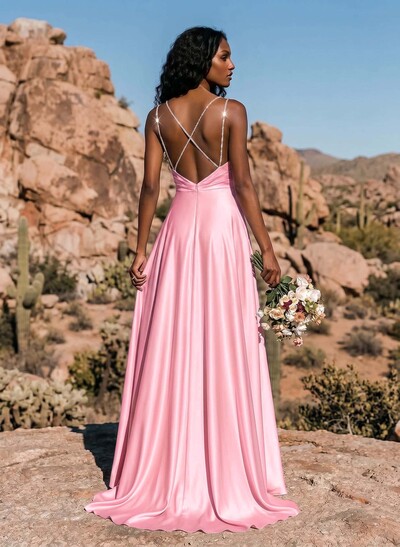 A-Line Cowl Neck Sleeveless Silk Like Satin Bridesmaid Dresses With High Split