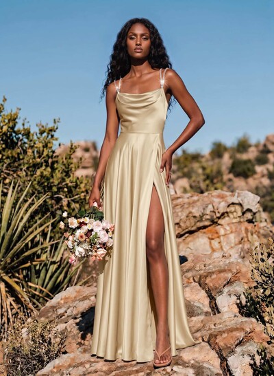 A-Line Cowl Neck Sleeveless Silk Like Satin Bridesmaid Dresses With High Split