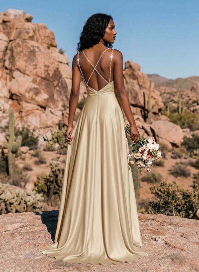 A-Line Cowl Neck Sleeveless Silk Like Satin Bridesmaid Dresses With High Split