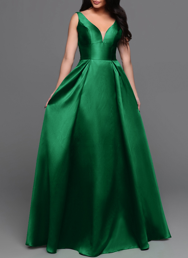 A-Line V-Neck Sleeveless Floor-Length Satin Bridesmaid Dresses