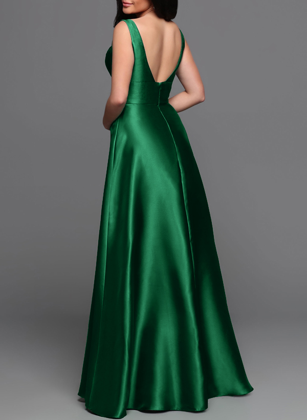 A-Line V-Neck Sleeveless Floor-Length Satin Bridesmaid Dresses