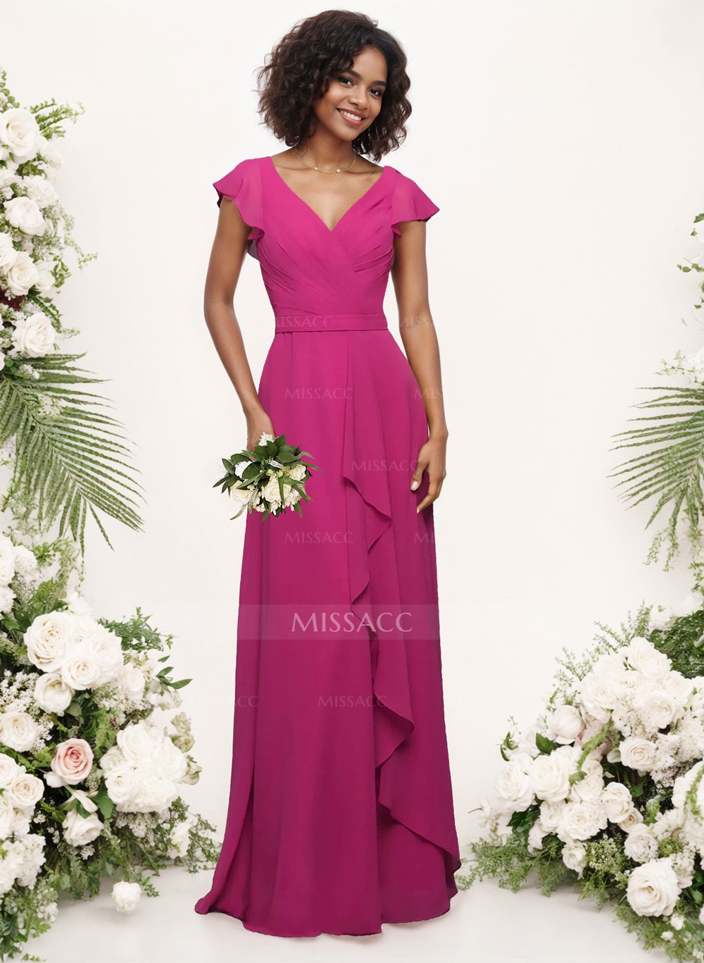 A-Line V-Neck Sleeveless Floor-Length Chiffon Bridesmaid Dresses With Ruffle