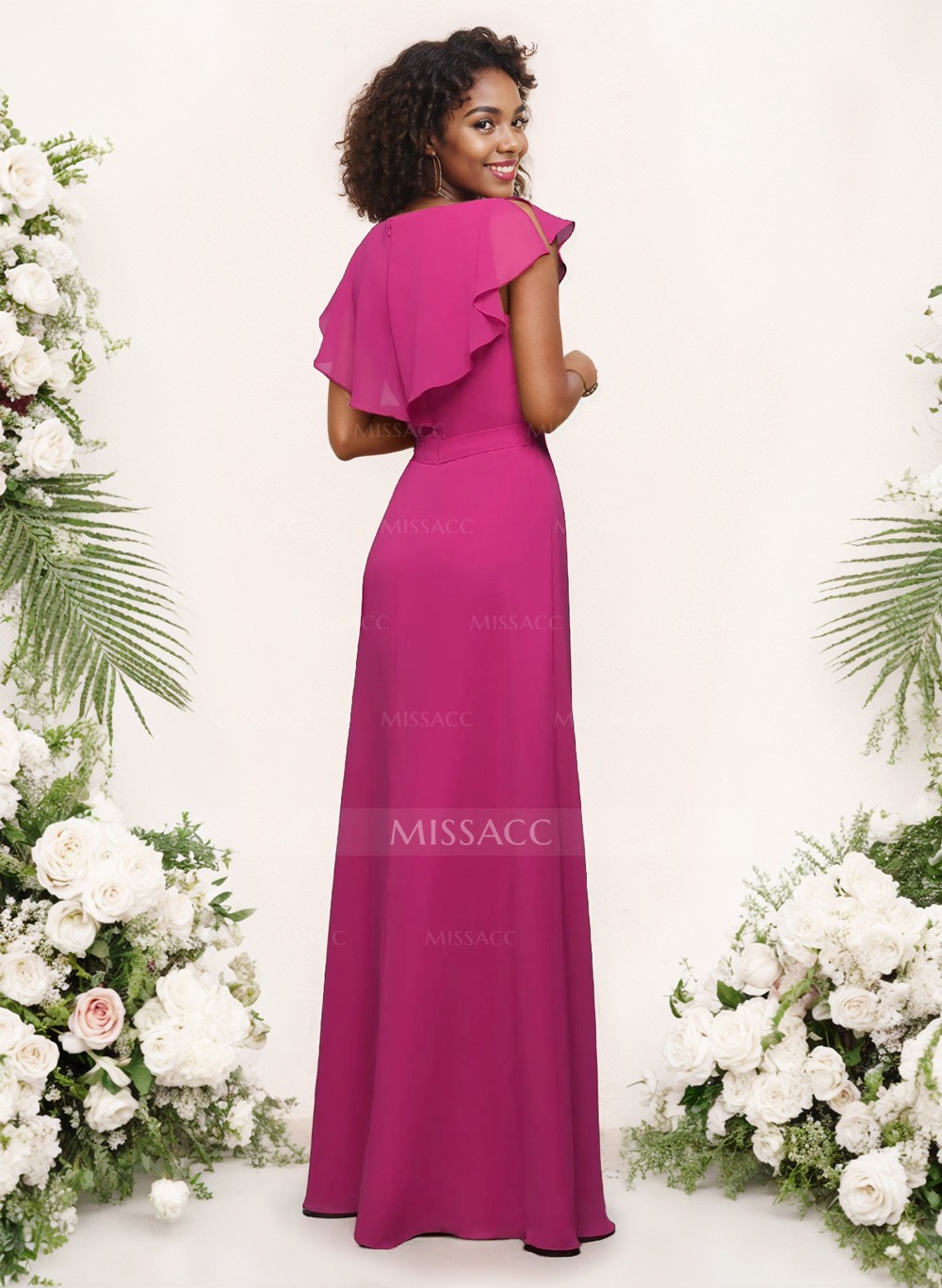 A-Line V-Neck Sleeveless Floor-Length Chiffon Bridesmaid Dresses With Ruffle