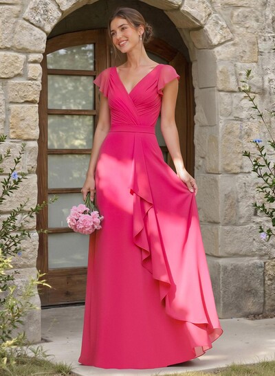 A-Line V-Neck Sleeveless Floor-Length Chiffon Bridesmaid Dresses With Ruffle