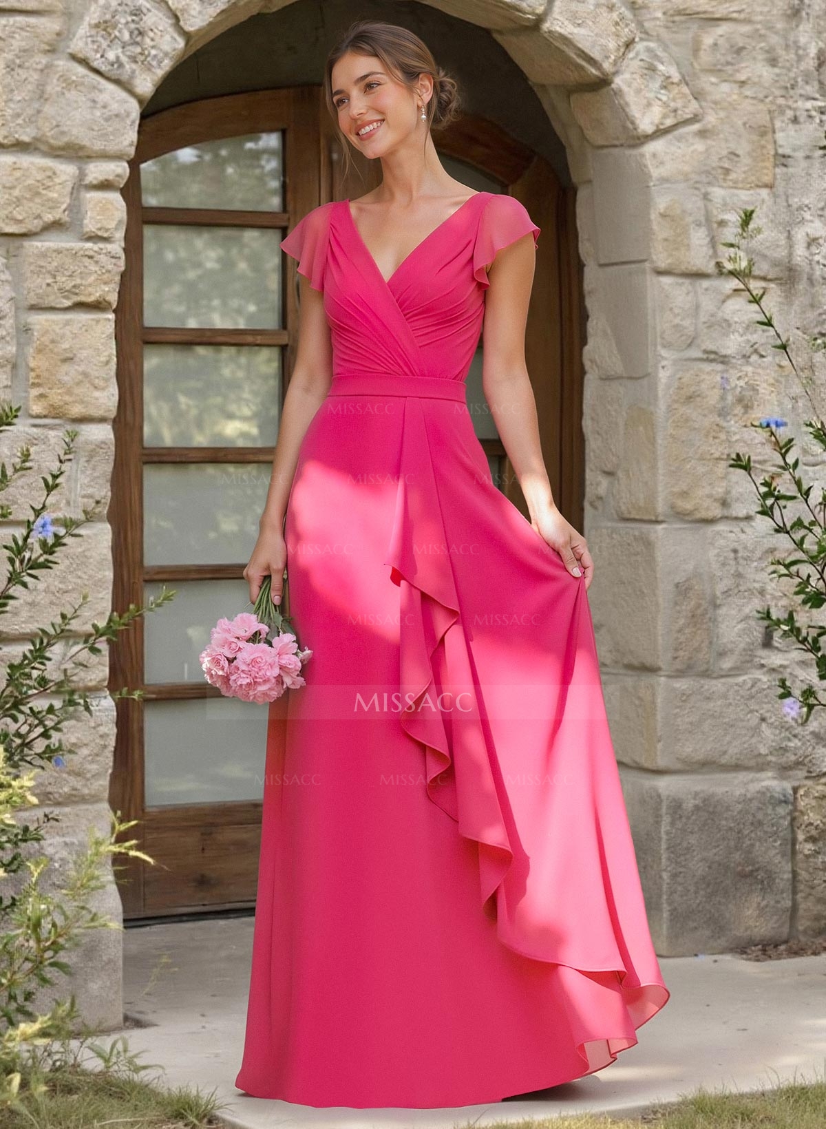 A-Line V-Neck Sleeveless Floor-Length Chiffon Bridesmaid Dresses With Ruffle
