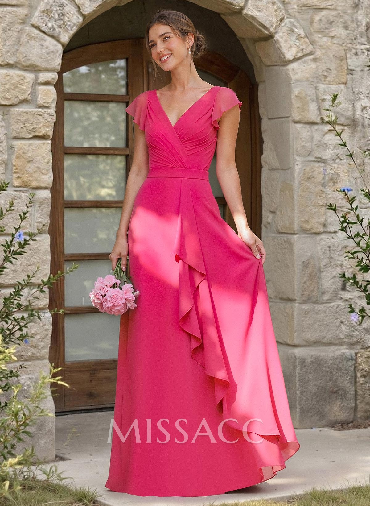 A-Line V-Neck Sleeveless Floor-Length Chiffon Bridesmaid Dresses With Ruffle