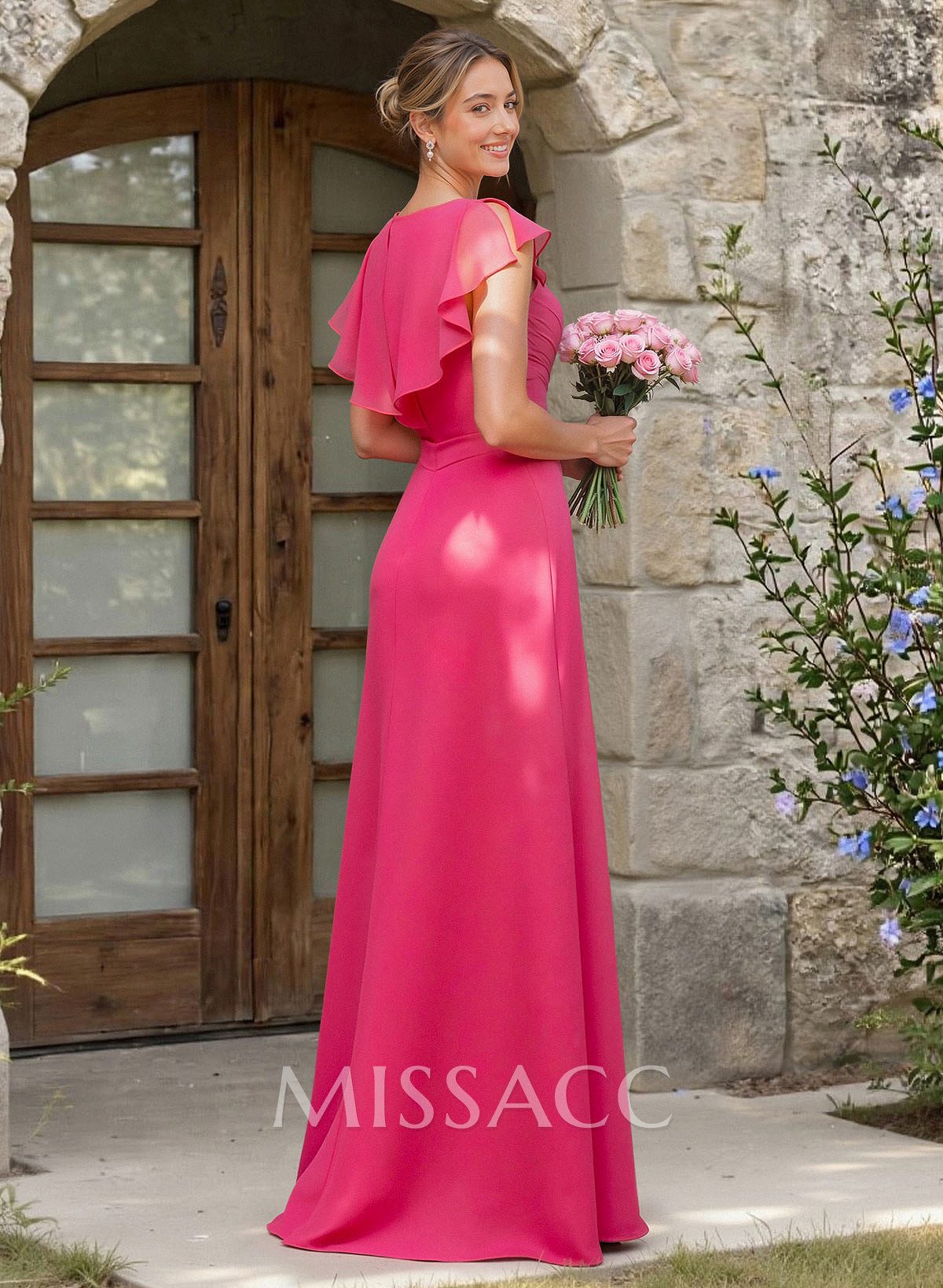 A-Line V-Neck Sleeveless Floor-Length Chiffon Bridesmaid Dresses With Ruffle