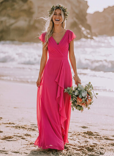 A-Line V-Neck Sleeveless Floor-Length Chiffon Bridesmaid Dresses With Ruffle