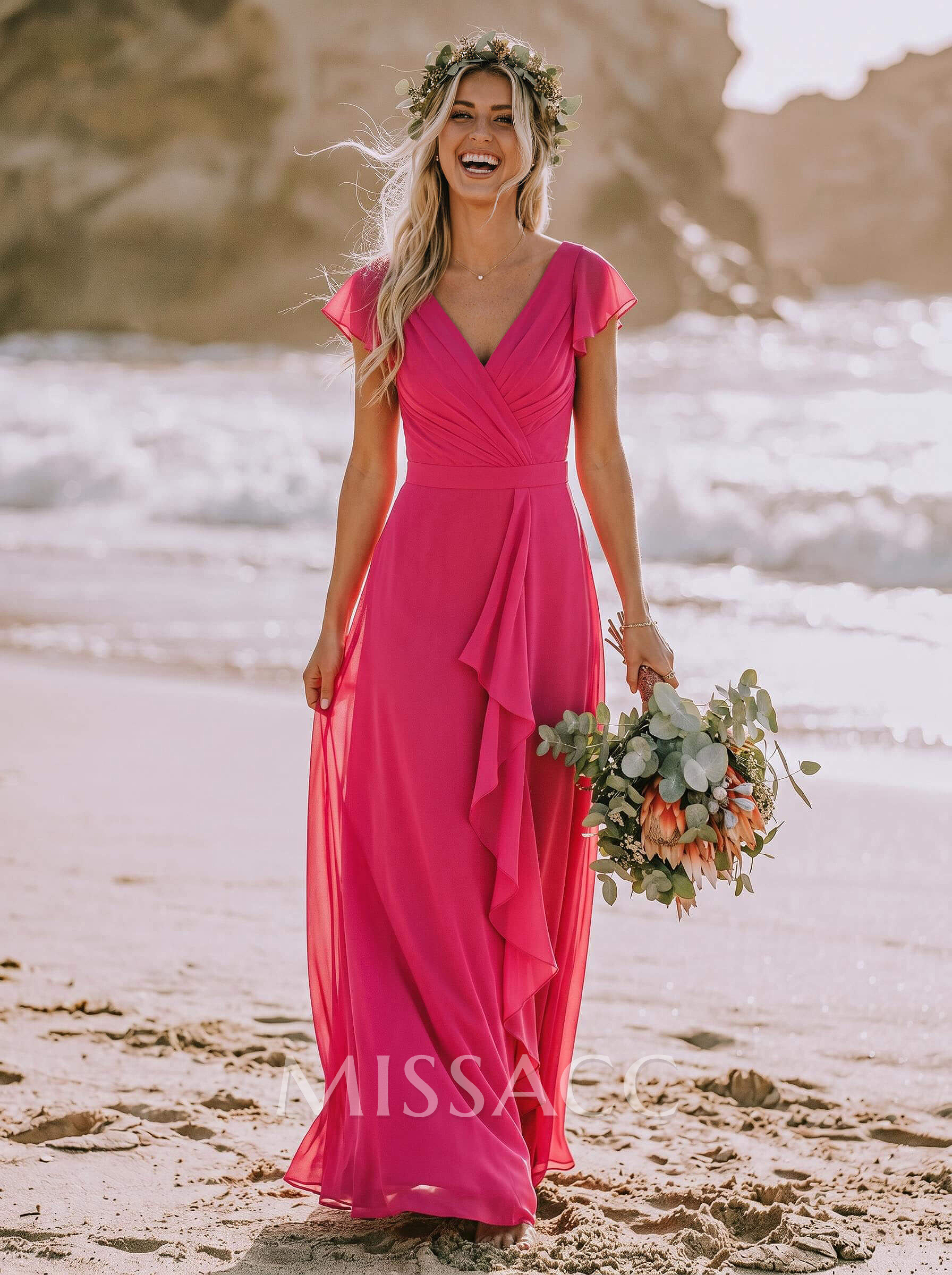 A-Line V-Neck Sleeveless Floor-Length Chiffon Bridesmaid Dresses With Ruffle