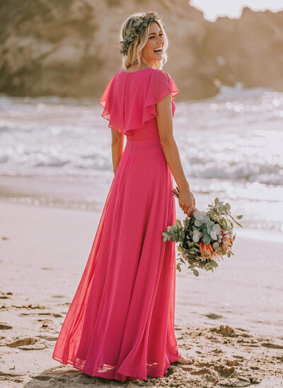 A-Line V-Neck Sleeveless Floor-Length Chiffon Bridesmaid Dresses With Ruffle