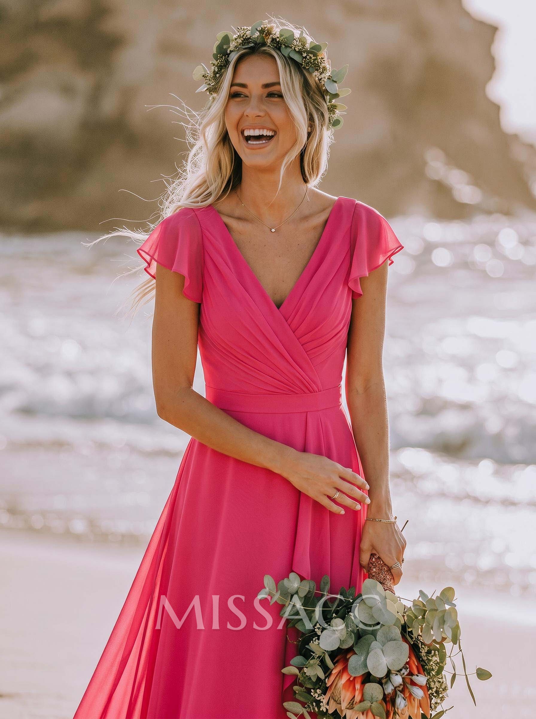A-Line V-Neck Sleeveless Floor-Length Chiffon Bridesmaid Dresses With Ruffle