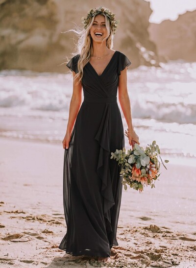 A-Line V-Neck Sleeveless Floor-Length Chiffon Bridesmaid Dresses With Ruffle