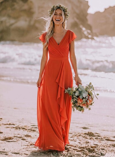 A-Line V-Neck Sleeveless Floor-Length Chiffon Bridesmaid Dresses With Ruffle
