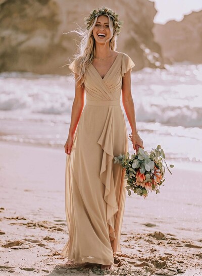 A-Line V-Neck Sleeveless Floor-Length Chiffon Bridesmaid Dresses With Ruffle