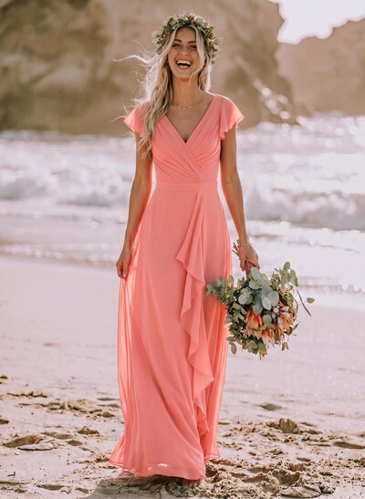 A-Line V-Neck Sleeveless Floor-Length Chiffon Bridesmaid Dresses With Ruffle