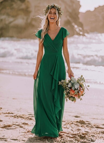 A-Line V-Neck Sleeveless Floor-Length Chiffon Bridesmaid Dresses With Ruffle