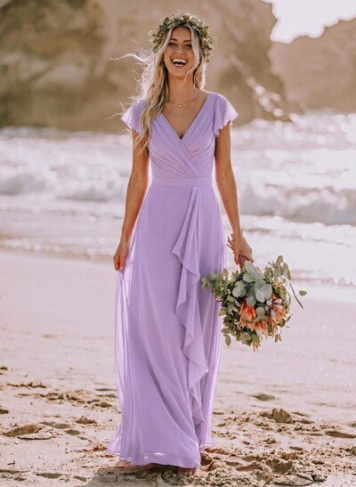 A-Line V-Neck Sleeveless Floor-Length Chiffon Bridesmaid Dresses With Ruffle
