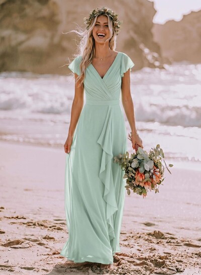 A-Line V-Neck Sleeveless Floor-Length Chiffon Bridesmaid Dresses With Ruffle