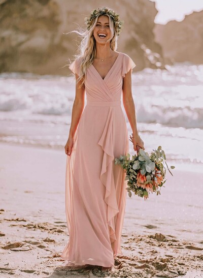 A-Line V-Neck Sleeveless Floor-Length Chiffon Bridesmaid Dresses With Ruffle