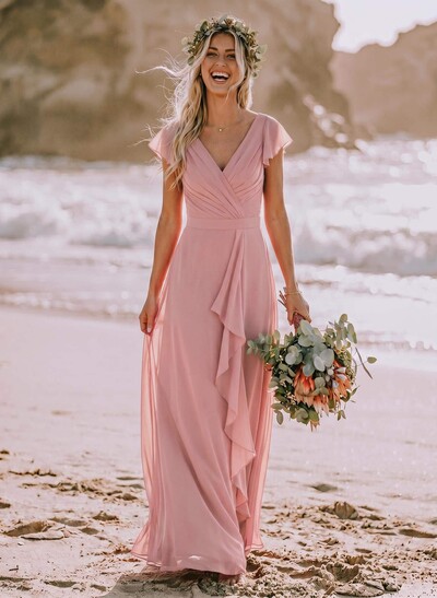 A-Line V-Neck Sleeveless Floor-Length Chiffon Bridesmaid Dresses With Ruffle