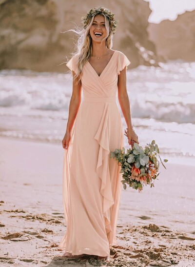 A-Line V-Neck Sleeveless Floor-Length Chiffon Bridesmaid Dresses With Ruffle